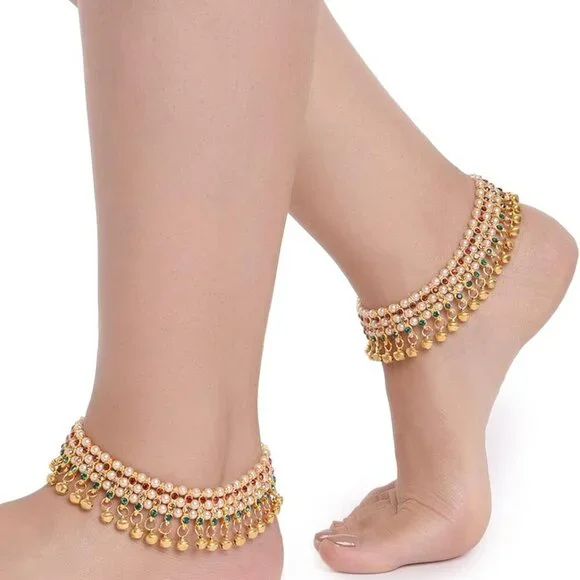 Indian Bridal Anklet Set Pearl Ghungroo Jhanjari Traditional Gold Copper